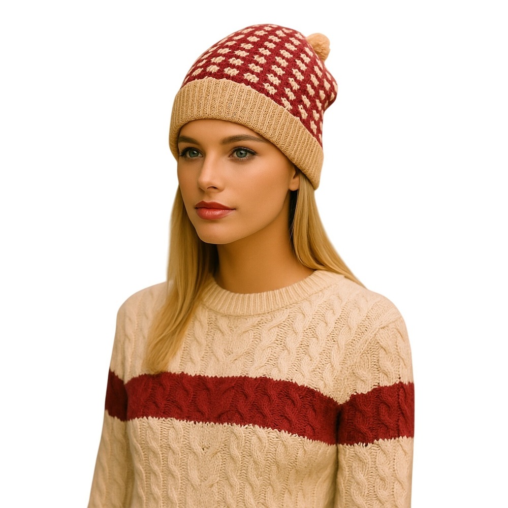 Hand Knit Striped Y2K Beanie Hat Red Tan Pom Pom Winter Warm